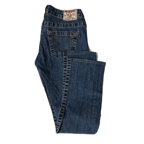 True Religion World Tour  Jonny Women 26x28 Blue Denim Jeans Colored Stitch - Picture 1 of 9